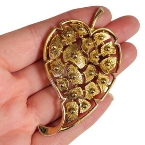 VTG Monet signed Leaf Brooch pin Regal Gold plated metal high end open work 60s